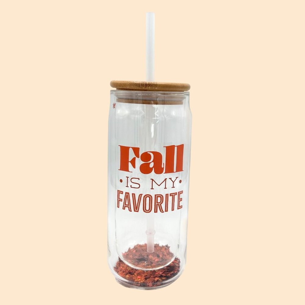 NEW FALL IS MY FAVORITE DBL GLASS TUMBLER CONFETTI LEAVES BAMBOO LID & STRAW